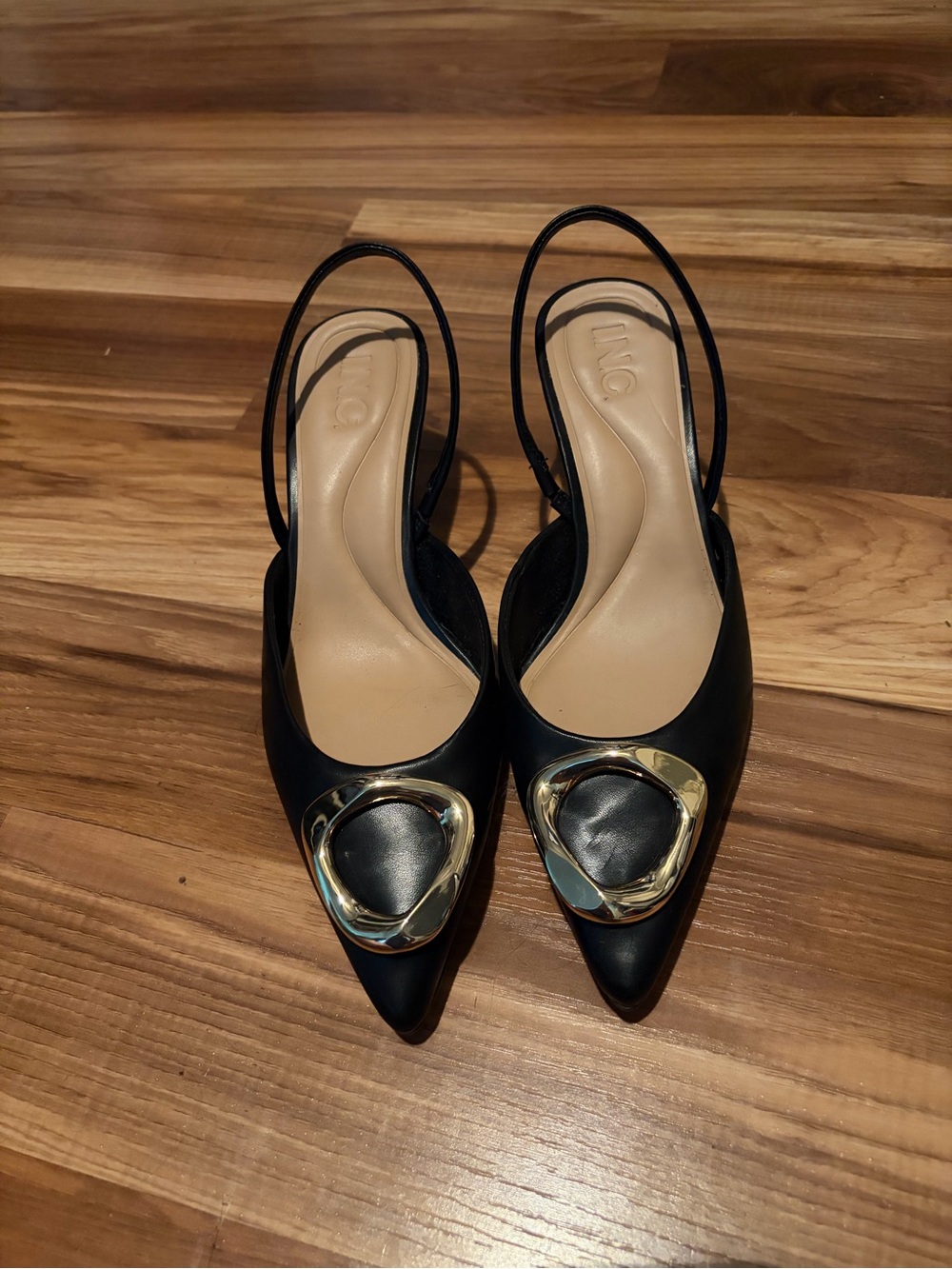 INC International Concepts Black Pointed Slingback Pumps with Gold Hardware